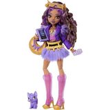 1001 Mor Motosiklet Ceketi ve Tüylü Etek Giyen High Clawdeen Wolf Bebek, Kurt Crescent ve Kitap, Kruvas