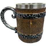 1001 Paslanmaz Çelik Fıçı Tasarımlı Kupa Bardak, 11 cm Yükseklik, Ahşap Görünümlü, Metal Kulp - seçenek