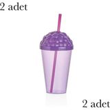 1001 Pipetli Plastik Meşrubat Bardağı, 450 Ml, Mor 2'li Set Qlux Bpa Içermez Soğuk Sıcak Içecek