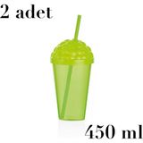 1001 Pipetli Plastik Meşrubat Bardağı, 450 Ml, Yeşil, 2'li Set Qlux Bpa Içermez Soğuk Sıcak Içe - seçenek