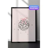 1001 Siyah Çerçeveli Duvar Tablosu Pembe Fiyonklu Disko Topu Retro Pop Sanat Illüstrasyonu Salon Deko - Beyaz - Gold
