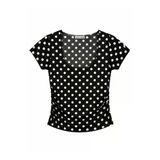 1004 Kadın Pamuklu Kare Yaka Puantiyeli Yan Büzgü Detaylı Crop T-Shirt Bluz Siyah