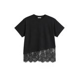 1005 Kadın Pamuklu Regular Fit Bisiklet Yaka Asimetrik Kesim Dantel Detaylı Yumuşak Dokulu T-Shirt Siyah