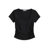 1006 Kadın Pamuklu Kare Yaka Yan Büzgü Detaylı Basic Crop T-Shirt Bluz Siyah