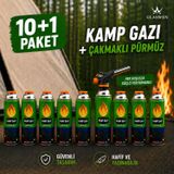 10+1 Çakmaklı Pürmüz Yedek Kartuşu Kamp Gazı 400 Ml Piknik Kamp Mangal Mutfak Ateş Tutuşturucu