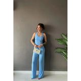 1010 Kadın Bürümcük Dokulu Halter Yaka Crop Atlet Bol Paça Pantolon Takım Bebe Mavi