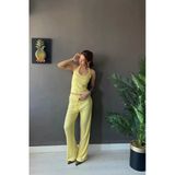 1010 Kadın Bürümcük Dokulu Halter Yaka Crop Atlet Bol Paça Pantolon Takım Terayağı Sarısı