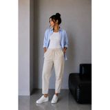 1019 Kadın %100 Pamuk Gabardin Lastikli Bel Havuç Kesim Pantolon Bej