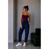 1019 Kadın %100 Pamuk Gabardin Lastikli Bel Havuç Kesim Pantolon Lacivert