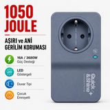 1050 Joule 16A Akım Korumalı Tekli Priz Quick&Shine - LED Göstergeli, Duvar Tipi, Aşırı ve Ani Gerilim Koruyucu, Buzdolabı, Çamaşır ve Kurutma Makinesi, Kombi, TV İçin