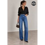 1055 Kadın Yüksek Bel Kar Yıkamalı Wide Leg Geniş Paça Jean Pantolon Koyu Mavi
