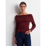 10808 Bardot Yaka Fitilli Simli Triko Kazak-Bordo - Standart