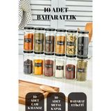 10'lu Cam Baharat Kavanozu Seti, Metal Kapak, Baharat Etiketleriyle Hediye - Ahşap
