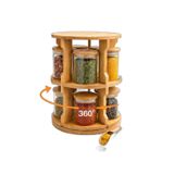 10’lu Döner Baharatlık (7x7 cm) Seti, Bambu Standlı Cam Kavanoz Baharatlık Organizer 360° Döner
