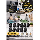 10'lu Siyah Yapışkanlı Çok Amaçlı Kanca | Araç İçi Anahtarlık Kulaklık Kablo Askısı Organizer