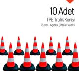 10'lu Tpe Trafik Konisi Seti 75 cm Ağırlıklı Çift Reflektifli Trafik Dubası