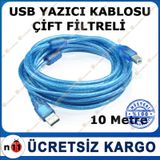 10m Usb Yazıcı Kablosu Kaliteli - Çift Filtreli - Mavi - USB 2.0