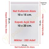 10X15+5 (10X20) Cm. 250 Adet - Şeffaf Bantlı Yapışkanlı Jelatin Poşet