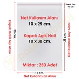 10X25+5 Cm.(10X30) 250 Adet Şeffaf Bantlı Yapışkanlı Opp Poşet
