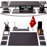 11 Parça Türk Bayraklı Mermer Desen Ahşap Sümen Takımı Masa İsimliği Deri Sümen Seti - Gümüş
