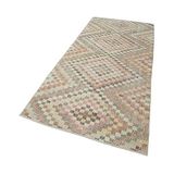 116x270 cm Kareli Kilim Bej Kareli Yün El Dokuma Modern Geometrik Etnik Eskitme Desenli Boho Oturma Odası Salon Yolluk Koridor Mutfak Halısı