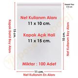 11X10+5 Cm. (11X15) 100 Adet - Şeffaf Bantlı Yapışkanlı Opp Jelatin Poşet