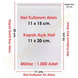 11X15+5 Cm. (11X20) 1.000 Adet - Şeffaf Bantlı Yapışkanlı Opp Jelatin Poşet