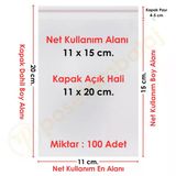11X15+5 Cm. (11X20) 100 Adet - Şeffaf Bantlı Yapışkanlı Opp Jelatin Poşet