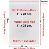 11X20+5 Cm.(11X25) 250 Adet Şeffaf Bantlı Yapışkanlı Opp Poşet