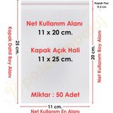 11x20+5 cm.(11x25) 50 Adet Şeffaf Bantlı Yapışkanlı OPP Poşet