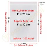11X25+5 Cm. (11X30) 100 Adet - Şeffaf Bantlı Yapışkanlı Opp Jelatin Poşet