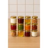 12 Adet 40 ml Metal Kapaklı Şeffaf Numune Mama Ek Gıda Şekerleme Reçellik Küçük Cam Kavanoz - Gold