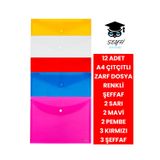 12 Adet A4 Çıtçıtlı Zarf Dosya Renkli Şeffaf 3 Şeffaf 3 Kırmızı 2 Sarı 2 Mavi 2 Pembe Kalın Mikron
