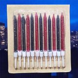 12 Adet Simli Kırmızı Siyah Mum 10 cm Simli Siyah Kırmızı Pasta Mumu Doğum Günü Mumu - Siyah - Kırmızı