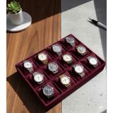 12 Bölmeli Ahşap Üzeri Baby Face Kumaş Saat Ve Takı Standı - Organizeri Ebat 35x24x5 Cm Bordo