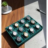 12 Bölmeli Ahşap Üzeri Baby Face Kumaş Saat Ve Takı Standı - Organizeri Ebat 35x24x5 Cm Zümrüt Yeşili