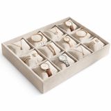 12 Bölmeli Kadife Saat ve Bileklik Kutusu, Krem Renk Takı Organizeri, MDF Gövdeli Dayanıklı Mücevher Saklama Sergileme Kutusu, 34 x 25 cm Saat Kolye Bileklik Ev Dolap İçi İçin Takı Düzenleme Kutusu