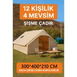 12 Kişilik 4 Mevsim Şişme Kamp Çadırı 300X400 cm Yükseklik 210 cm Su Geçirmez Oxford Kumaş - Bej