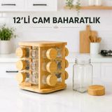 12 Li Cam Baharatlık Seti Bambu Kapaklı Kare Döner Standlı Tuzluk Baharat Takımı
