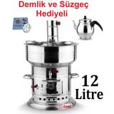 12 Litre Paslanmaz Krom Odunlu Kömürlü Çay Semaveri Odunlu Kömürlü Semaver Demlik Hediyeli 12+1 Lt