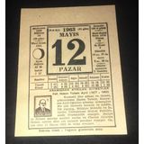12 Mayıs 1963 Pazar Takvim Yaprağı (Sahafiye Kitap)