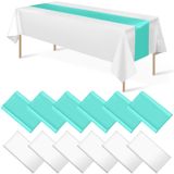 12 Paket 12x108 İnç Saten Masa Örtüsü ve 140 x 450 cm Plastik Masa Örtüsü Seti Beyaz ve Deniz Mavisi Tek Kullanımlık Dikdörtgen Masa Örtüsü Mezuniyet Düğün Gelin Duş Yıldönümü Doğum Günü Partisi