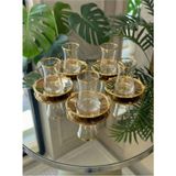 12 Parça 6 Kişilik Gold Metal Çerçeveli Çay Seti – 6 Bardak 6 Metal Tabak – Lüks Sunum - Çok Renkli