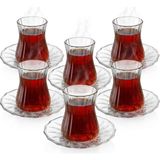 12 Parça Çay Seti - 6 Adet Fitil Desenli Cam Çay Bardağı ve 6 Adet Cam Çay Tabağı - Isıya D - Renkli - 0 - 200 ml