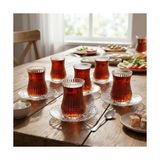12 Parça Çay Seti - 6 Adet Fitil Desenli Cam Çay Bardağı ve 6 Adet Cam Çay Tabağı - Isıya Dayanıklı Çay Takımı - 0 - Siyah