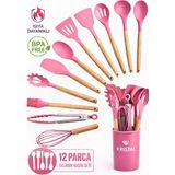 12 Parça Isıya Dayanıklı Yanmaz Yapışmaz Silikon Servis Seti Gerçek Kayın Ağacı Saplı - Pembe