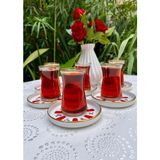 12 Parça Kırmızı Çiçek Desenli Seramik Çay Takımı - 130 ml - 08 Kırmızı