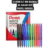 12 Renk 0,7 mm Basmalı Jel Kalem Seti Pentel Energel - Karışık Renkler - standart