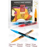 12 Renk Akrilik Markör Keçeli Kalem 1 Adet 12 Li Acrylic Paint Marker Taş Cam Metal Seramik Plastik Tuval Ahşap 0.5 cm - Çok Renkli - Standart