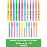 12 Renk Basmalı Fosforlu Kalem 12 Adet Yedek Refill Writech - Çok Renkli - 0